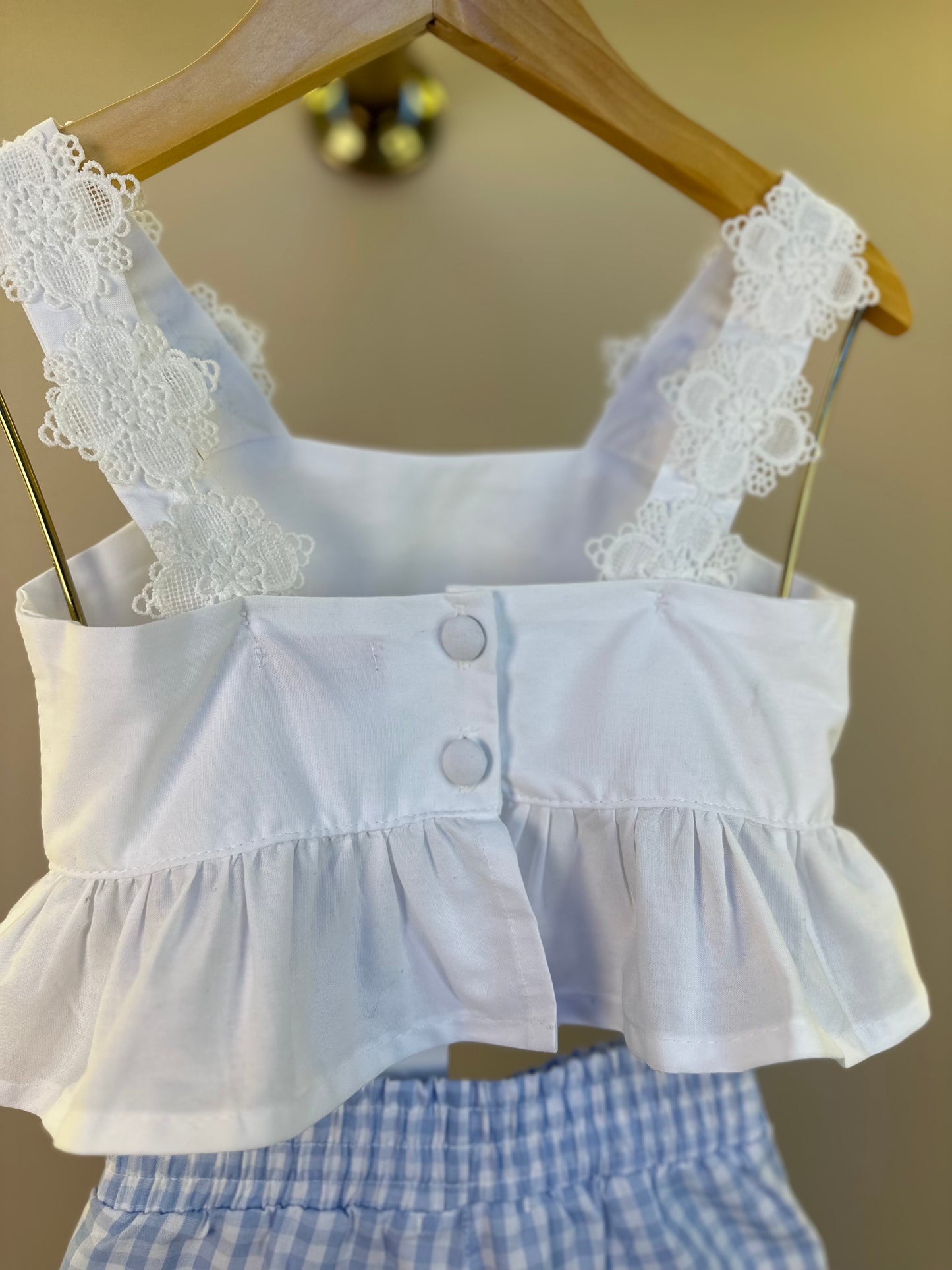 Conjunto Infantil Blusa Aplicações Flores e Shorts Xadrez Azul - Luluzinha