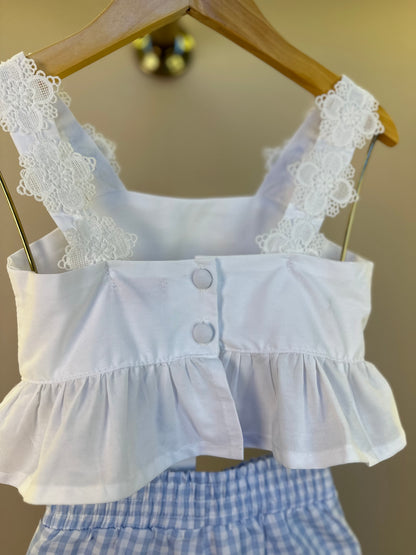 Conjunto Infantil Blusa Aplicações Flores e Shorts Xadrez Azul - Luluzinha