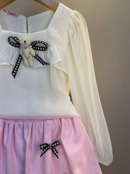 Conjunto Infantil Saia Balonê Rosa Com Lacinhos E Blusa Off Ursinho - Gabriela Aquarela