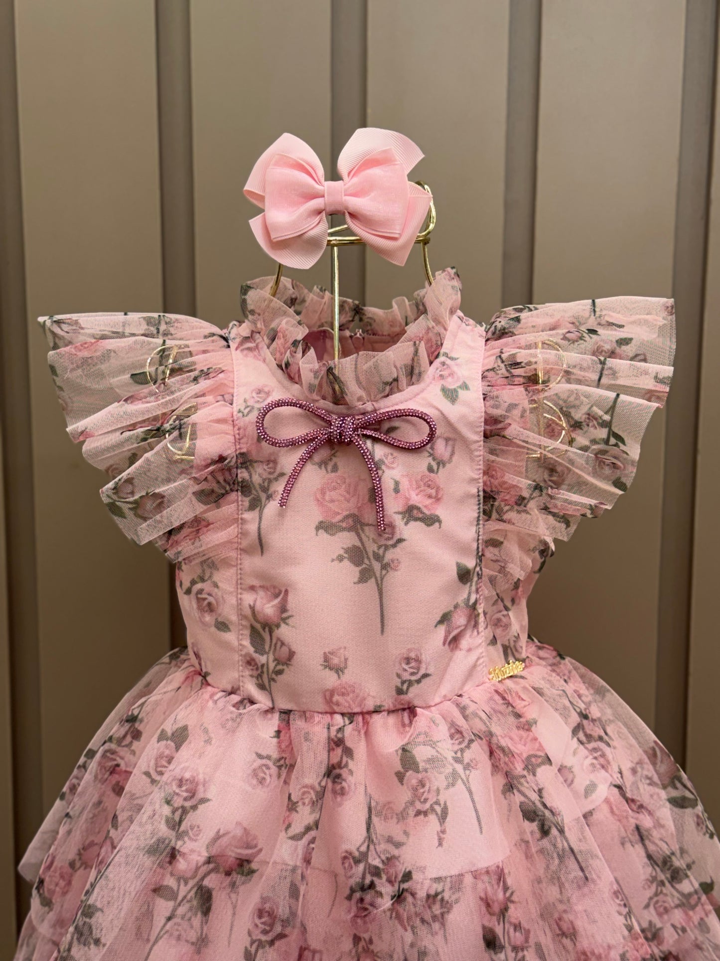 Vestido Infantil Festa Princesa Tule Floral Rodado Rosa - Luluzinha