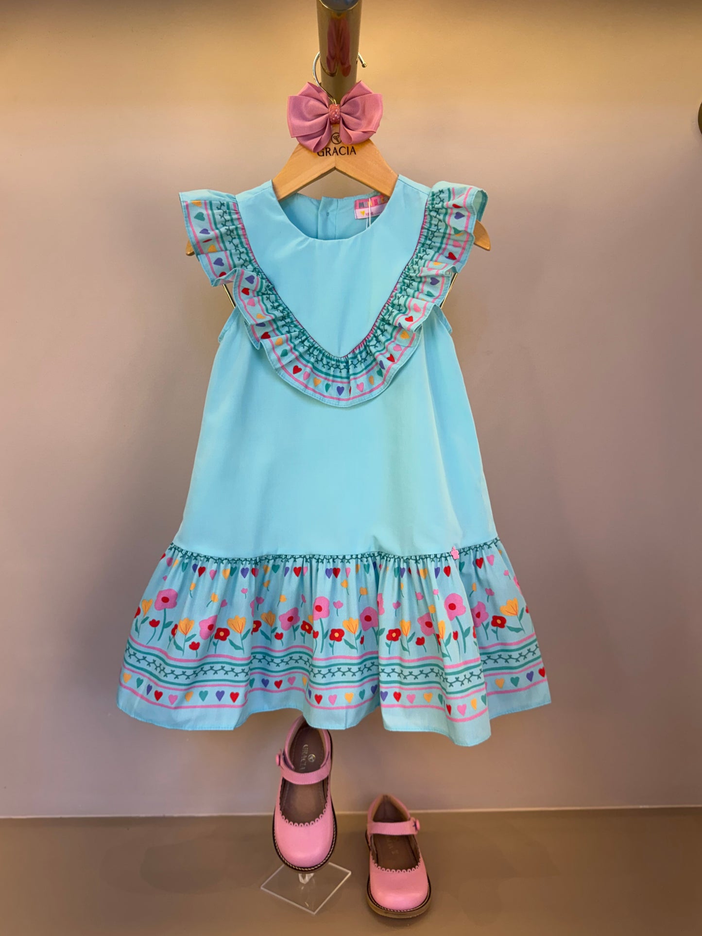 Vestido Infantil Tricoline Barrado Flores e Corações - Mon Sucre