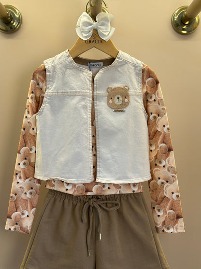 Conjunto Infantil Trio Blusa Ursinhos, Colete Sarja com Elastano e Shorts em Moletom s/ Pelúcia - Infanti