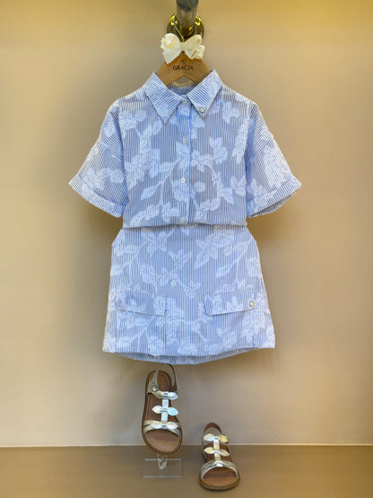Conjunto Infantil Tricoline Camisa e Saia Short Azul Claro - Um Mais Um