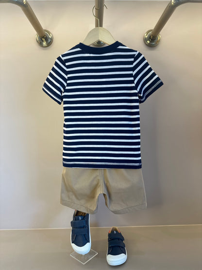 Conjunto T-Shirt Listrada e Bermuda Bege - Youccie