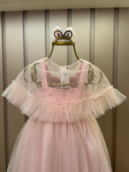 Vestido Infantil Festa com Capa Tule Bordado Rosa - Petit Cherie