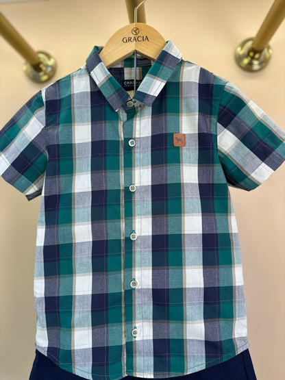Conjunto Infantil Camisa MC Xadrez Verde e Bermuda Linho Marinho - Charpey