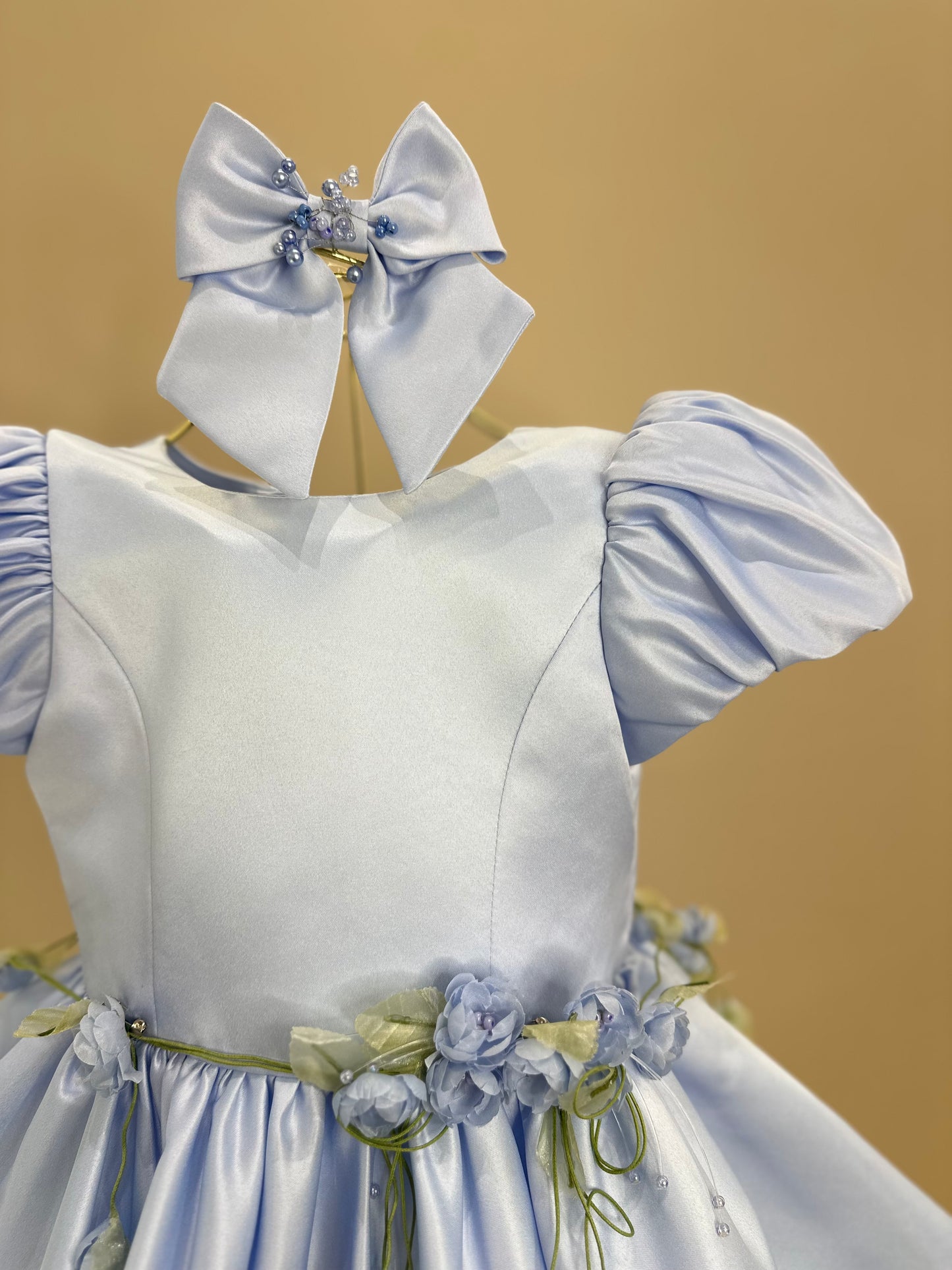 Vestido Infantil Festa Laço Costas e Flores Azul - Mio Bebê
