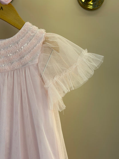 Vestido Infantil Trapézio Tule Bordado Delicado Busto Rosa - Petit Cherie