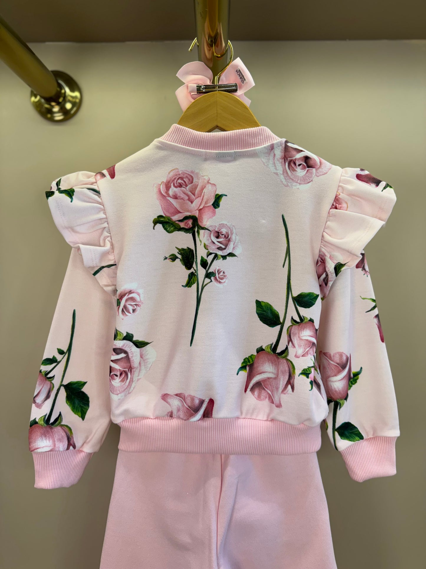 Conjunto Infantil Casaco Moletom Floral Babados e Calça Wide Leg Lateral Glitter Rosa - Luluzinha