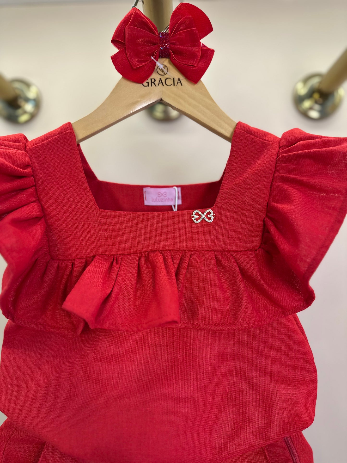 Conjunto Infantil Blusa e Shorts Linho Vermelho - Luluzinha