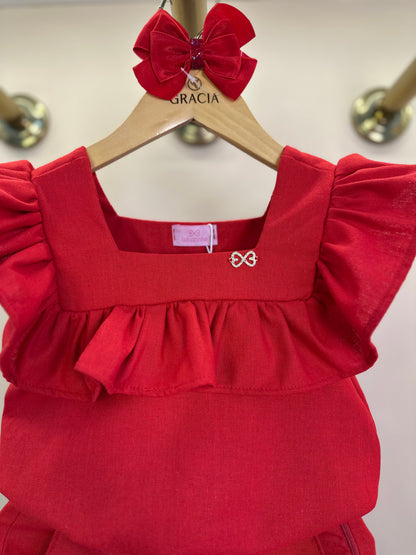 Conjunto Infantil Blusa e Shorts Linho Vermelho - Luluzinha