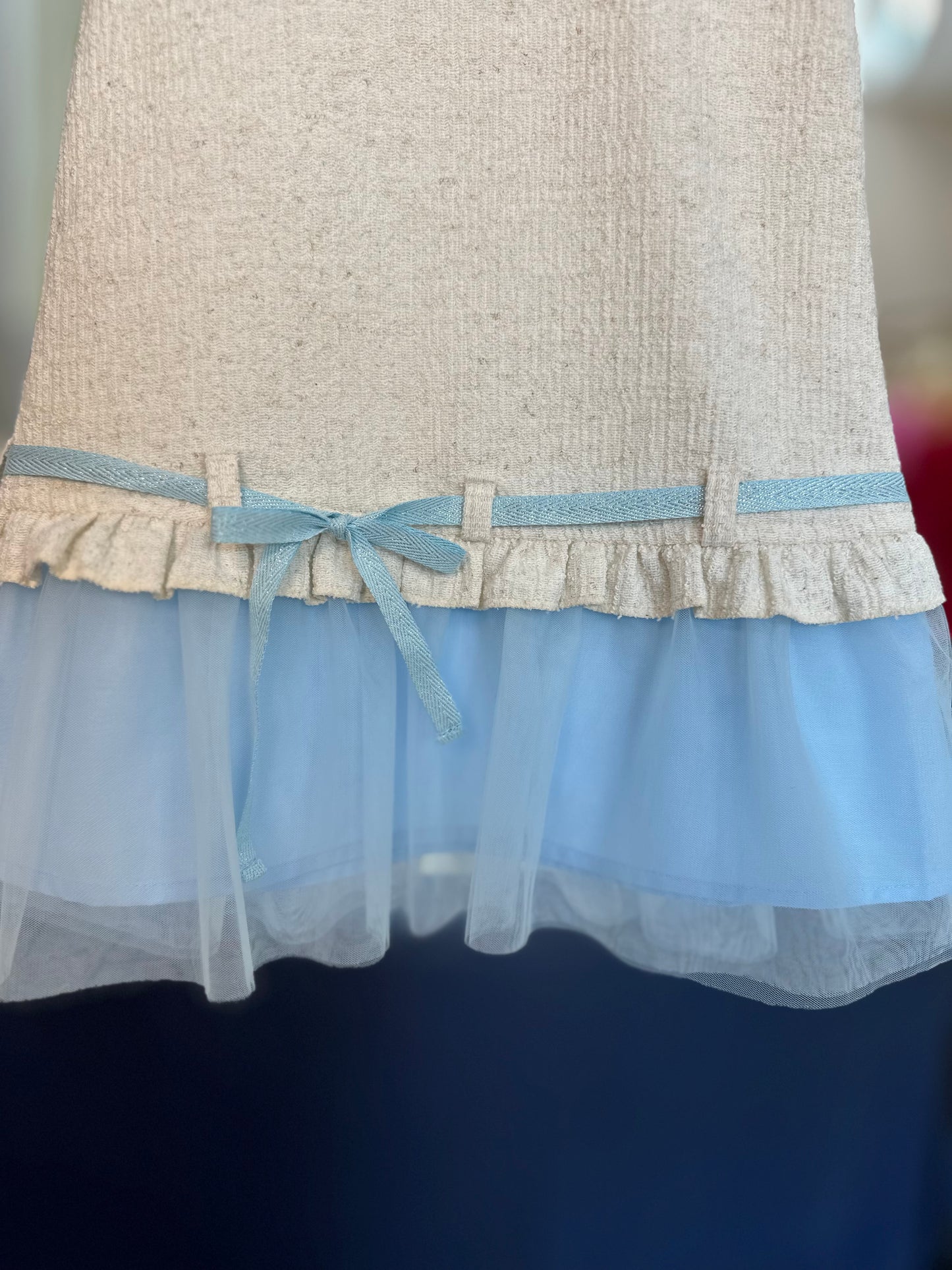 Vestido Infantil Jumper Tweed de Algodão Laço e Babado Azul - Beabá