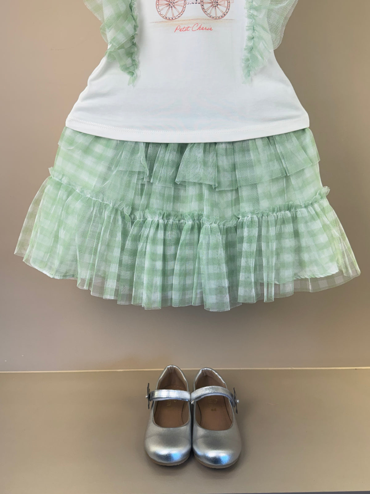 Conjunto Infantil Blusa Strass Flores e Saia Quadriculada Verde - Petit Cherie