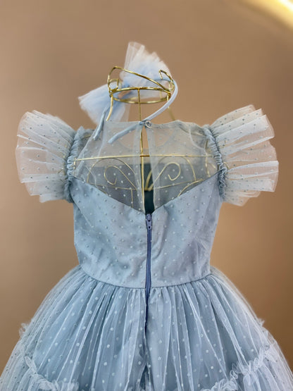 Vestido Infantil Festa Tule Flocado Azul Céu - Petit Cherie