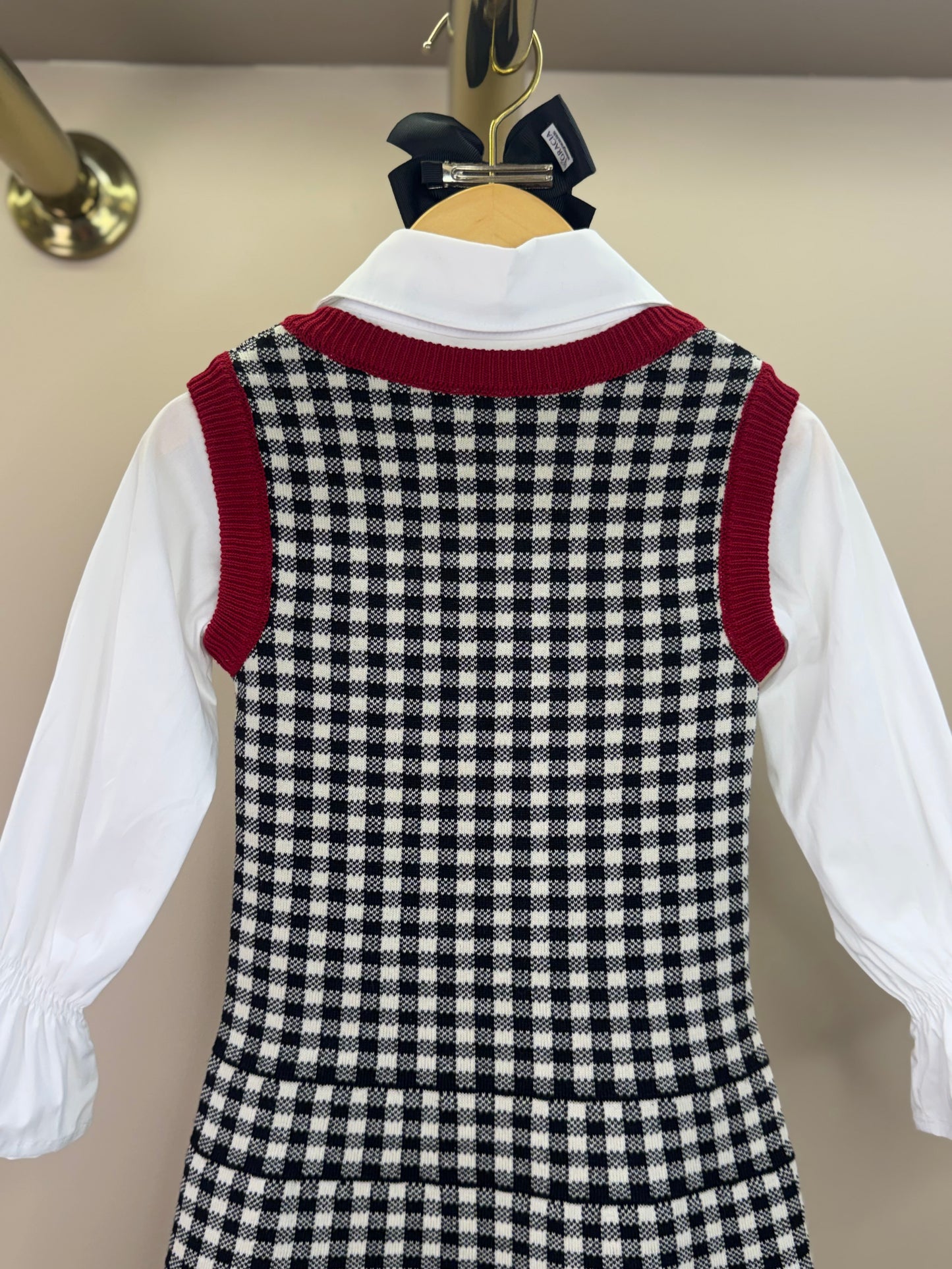 Vestido Infantil Tricot Xadrex Botão Jóia Coração Com Camisa Mini Laços Bordado Fita Veludo - Pituchinhus