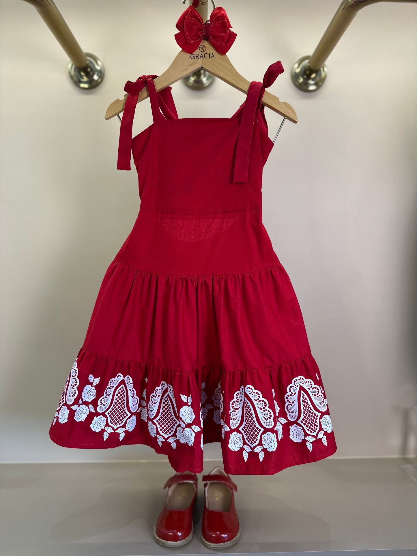 Vestido Infantil Midi Algodão Florais Rendados Vermelho - Um Mais Um