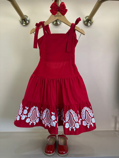 Vestido Infantil Midi Algodão Florais Rendados Vermelho - Um Mais Um