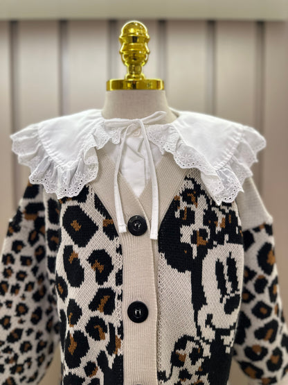 Conjunto Infantil Trio Tricot Minnie Animal Print, Camisa Gola Babados Rendas e Calça Montaria com Pezinho Preta - Animê