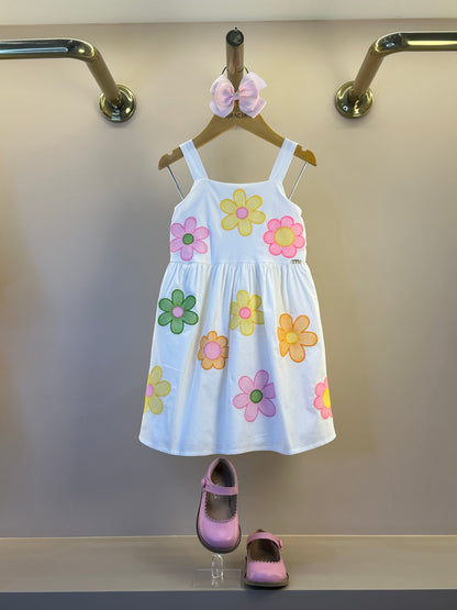 Vestido Infantil Alças Fina Bordado Flores Off White - Momi