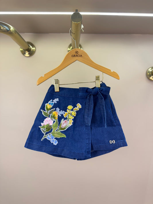 Shorts-Saia Infantil Jeans Bordada Flores - Luluzinha