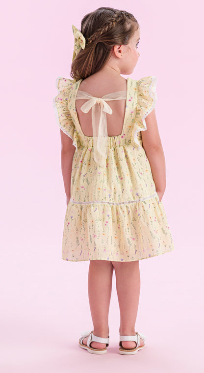 Vestido Infantil Algodão Laço Tule Amarelo Estampado Flores - Petit Cherie