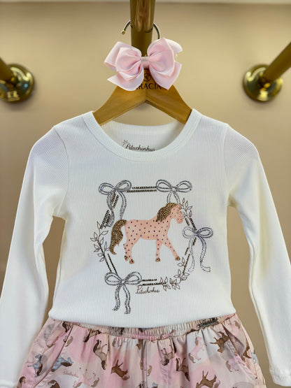 Conjunto Infantil Blusa Rib Moldura Cavalinho Cristal Off White e Shorts Cavalinhos Rosa - Pituchinhus