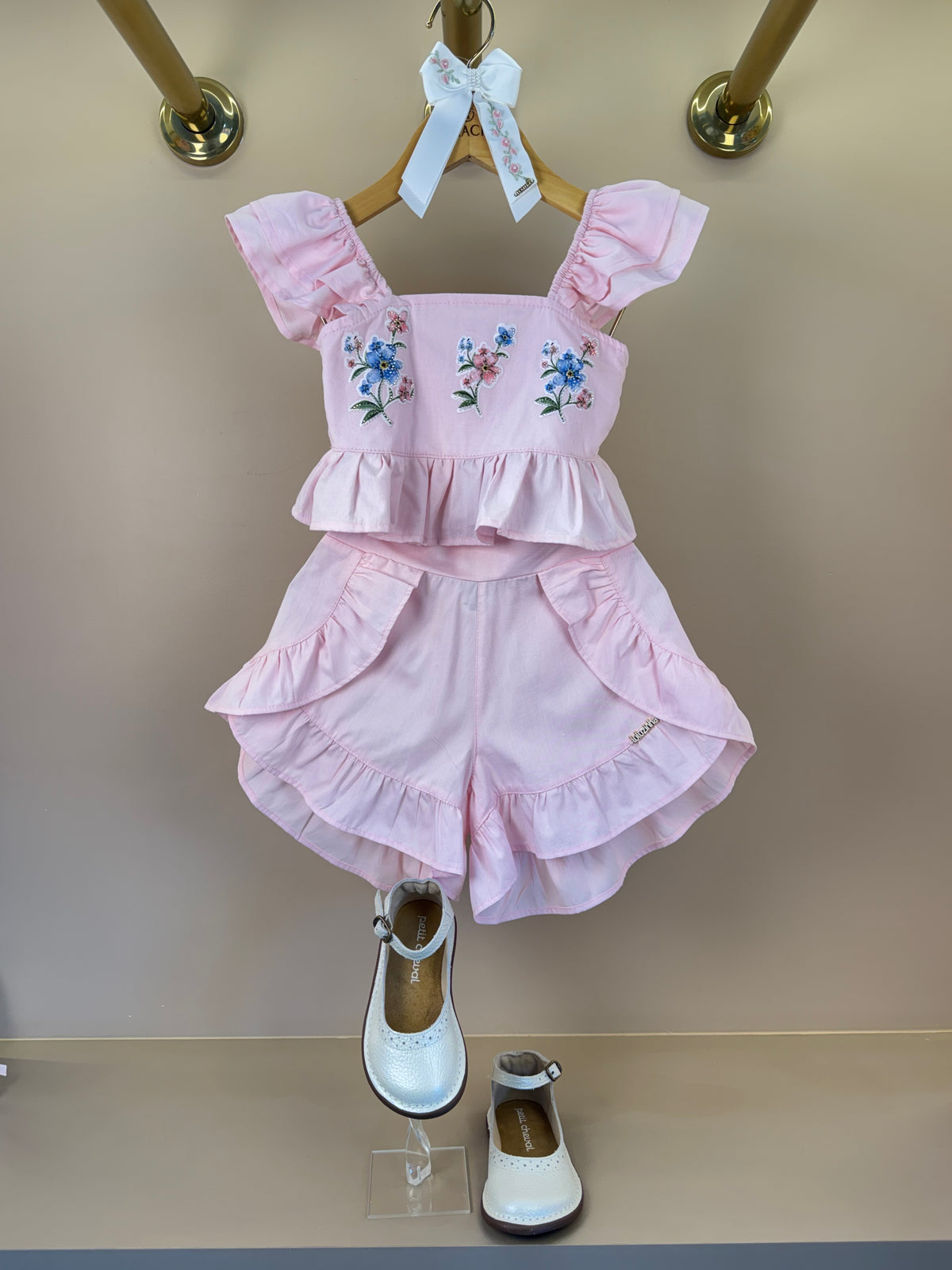 Conjunto Infantil Rosa Blusa Bordado Flores e Shorts Com Babadinho - Luluzinha