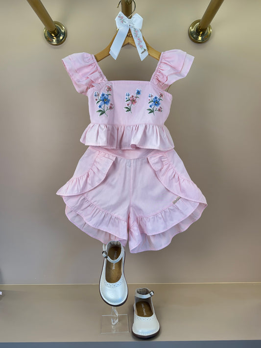 Conjunto Infantil Rosa Blusa Bordado Flores e Shorts Com Babadinho - Luluzinha