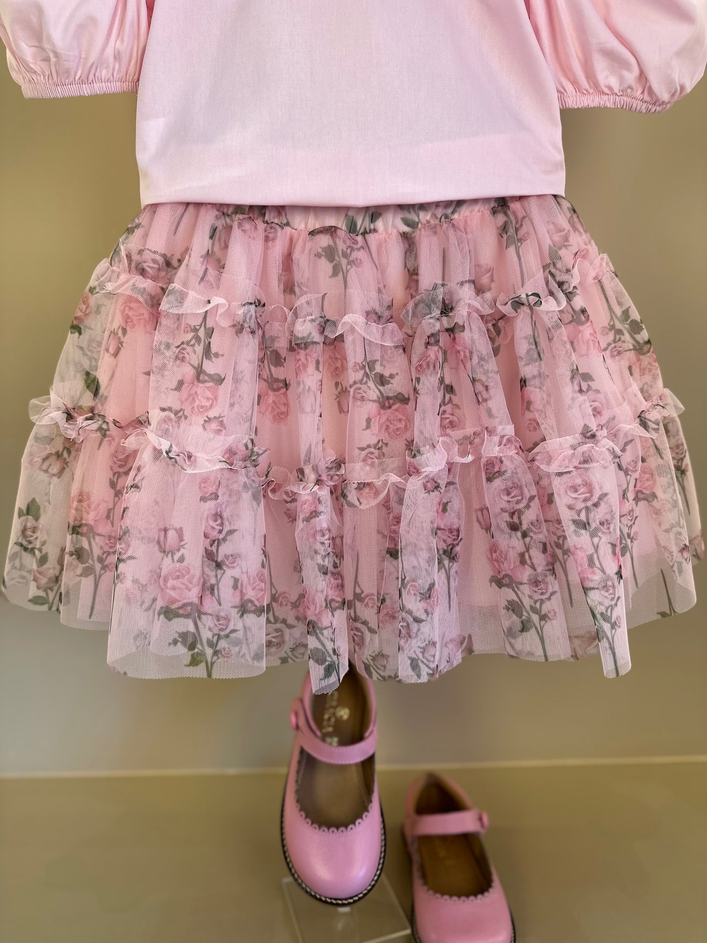 Conjunto Infantil Blusa Tricoline Golinha Patch Strass e Saia Rodada Tule Glitter Floral - Luluzinha PRÉ-VENDA