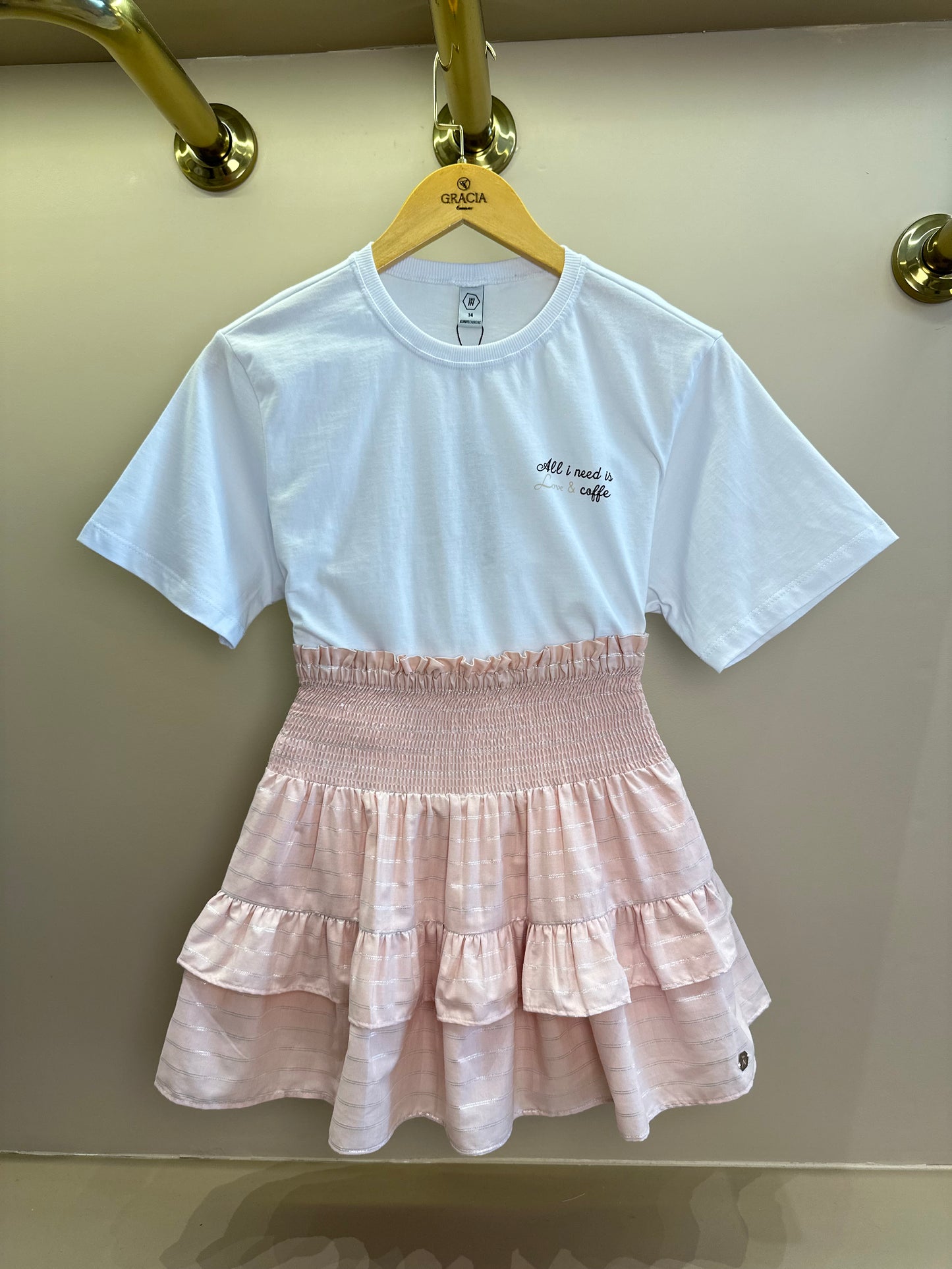 Conjunto Teen Camiseta Oversized All Need e Saia Listrada Lurex - Two In