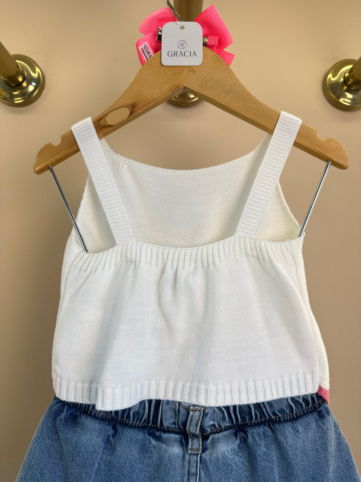 Conjunto Infantil Blusa Tricot Cerejas e Saia Jeans Pregas Com Pingente - Momi
