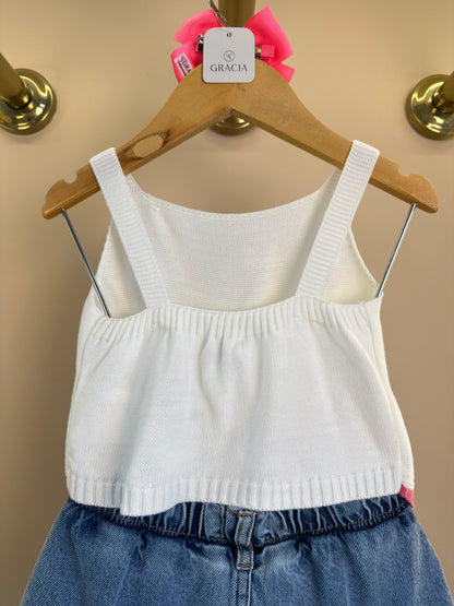 Conjunto Infantil Blusa Tricot Cerejas e Saia Jeans Pregas Com Pingente - Momi