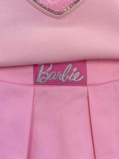 Conjunto Infantil Regata Patche Coração Barbie e Saia Sarja Pregas Patche Barbie Rosa Romântico - Pituchinhus