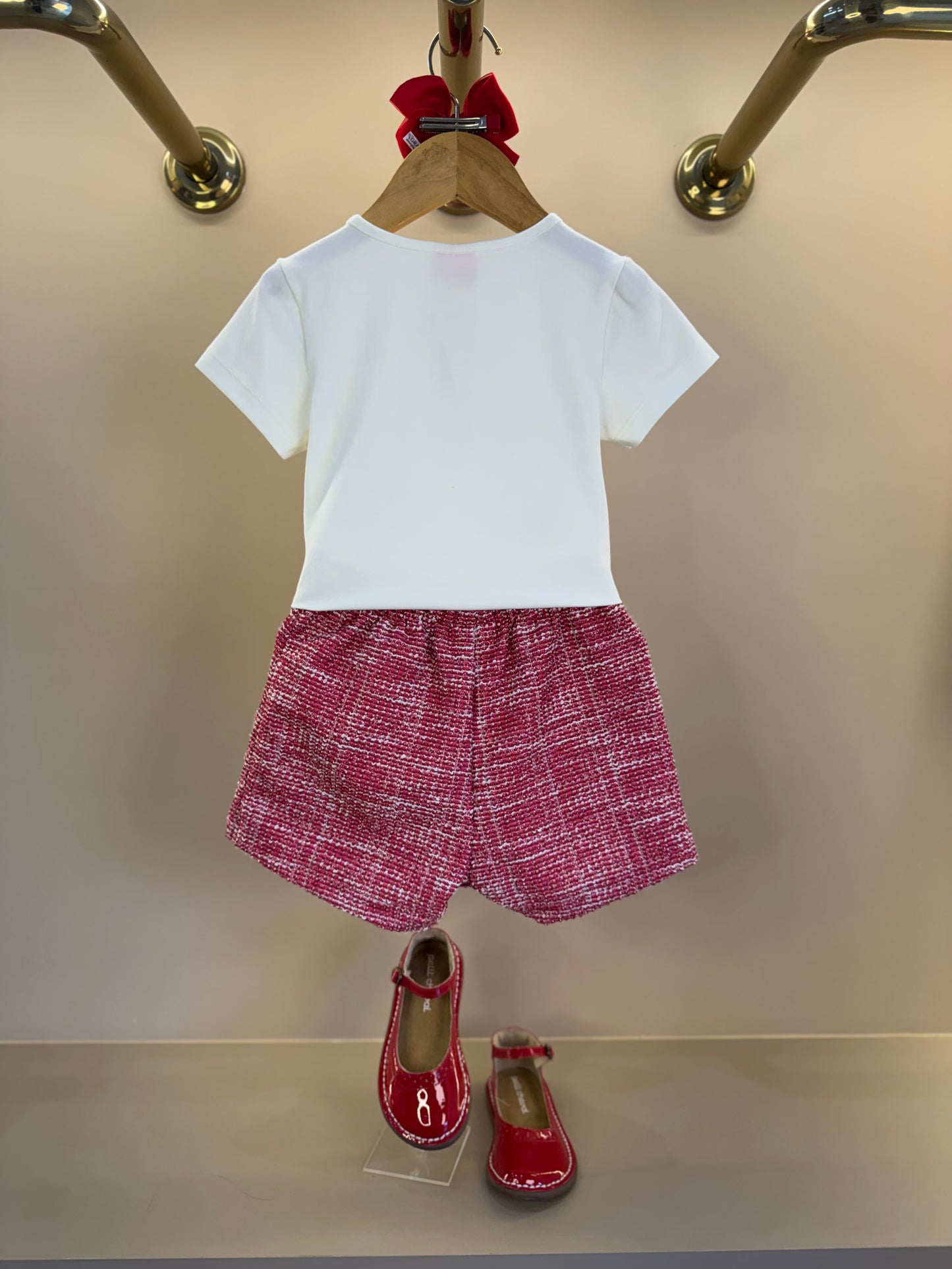 Conjunto Infantil Blusa Manga Longa Gola Laço e Shorts-saia Tweed - Momi