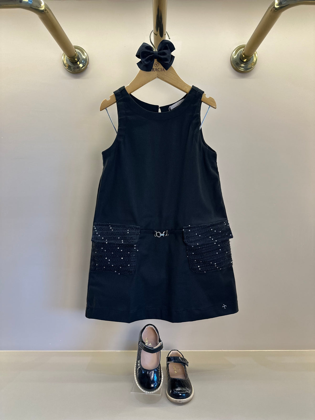 Vestido Infantil Trapézio Sarja Bolsos Tweed Paetê Preto - Petit Cherie