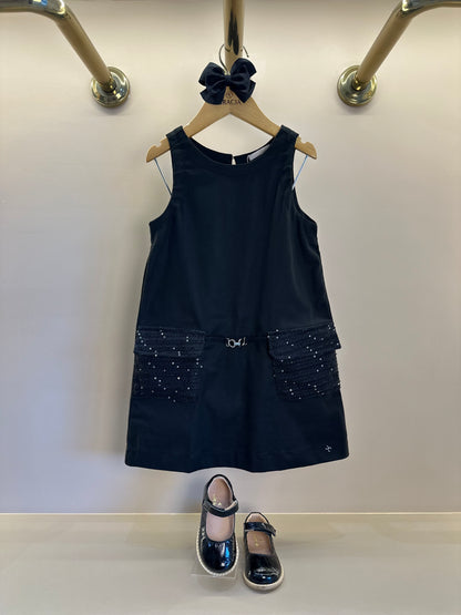 Vestido Infantil Trapézio Sarja Bolsos Tweed Paetê Preto - Petit Cherie