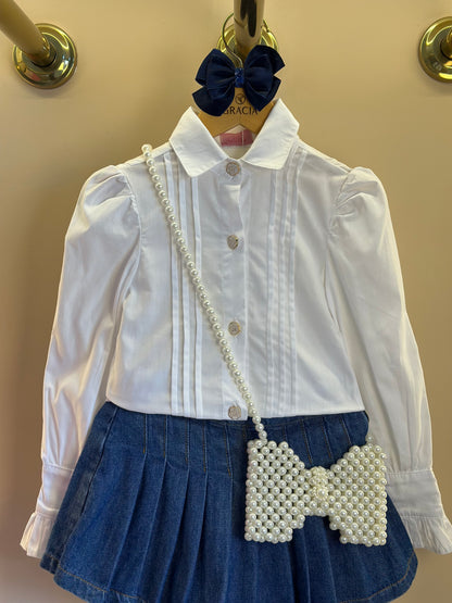 Conjunto Infantil Camisa Babadinhos Punho Pregas Branca e Saia  Jeans Pochete Laço Pérolas - Luluzinha