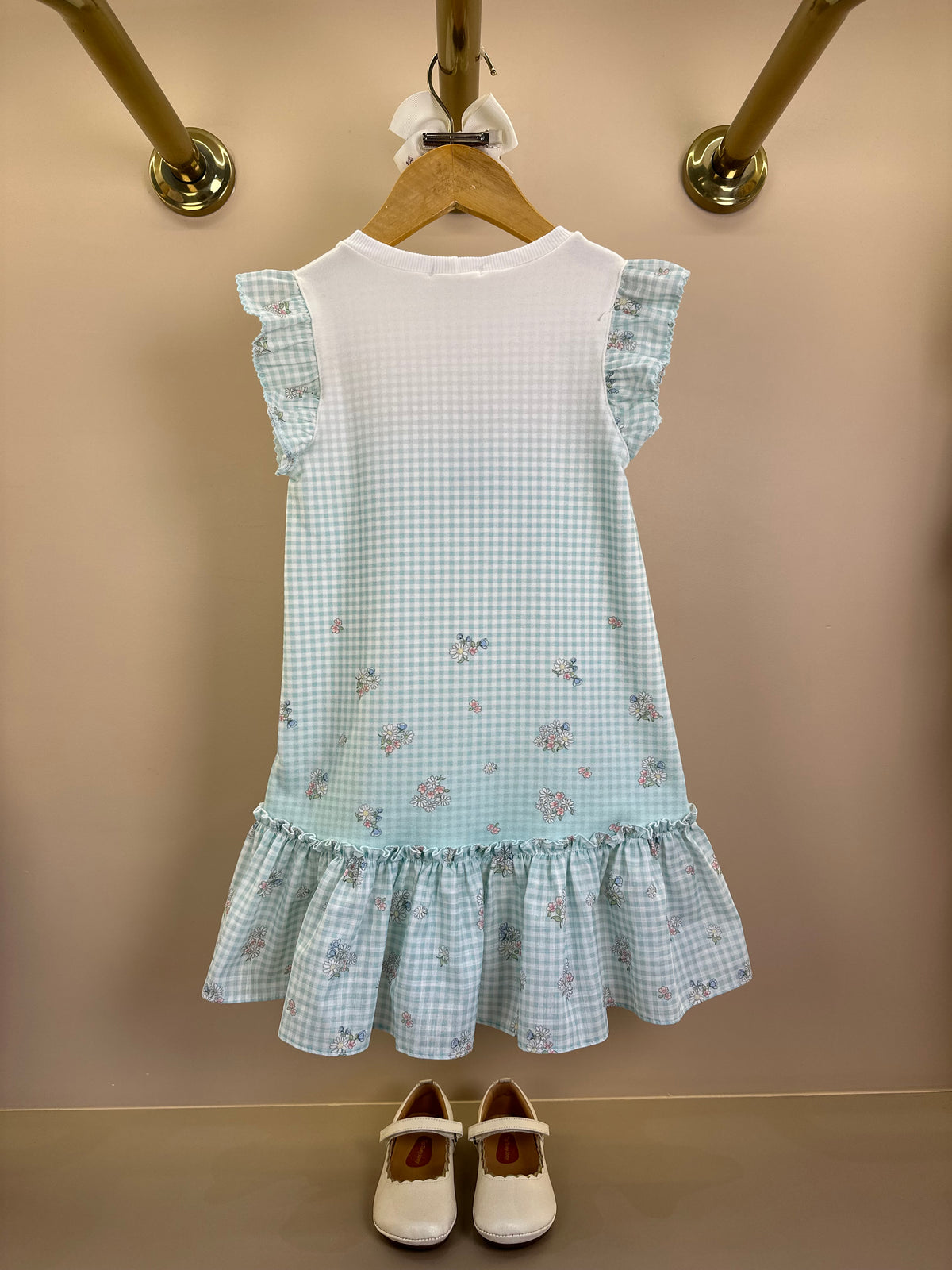 Vestido Infantil Quadriculado Azul Claro Flores e Strass - Petit Cherie
