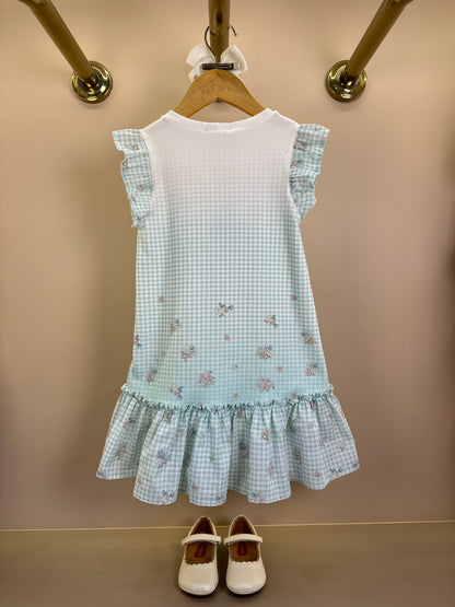 Vestido Infantil Quadriculado Azul Claro Flores e Strass - Petit Cherie