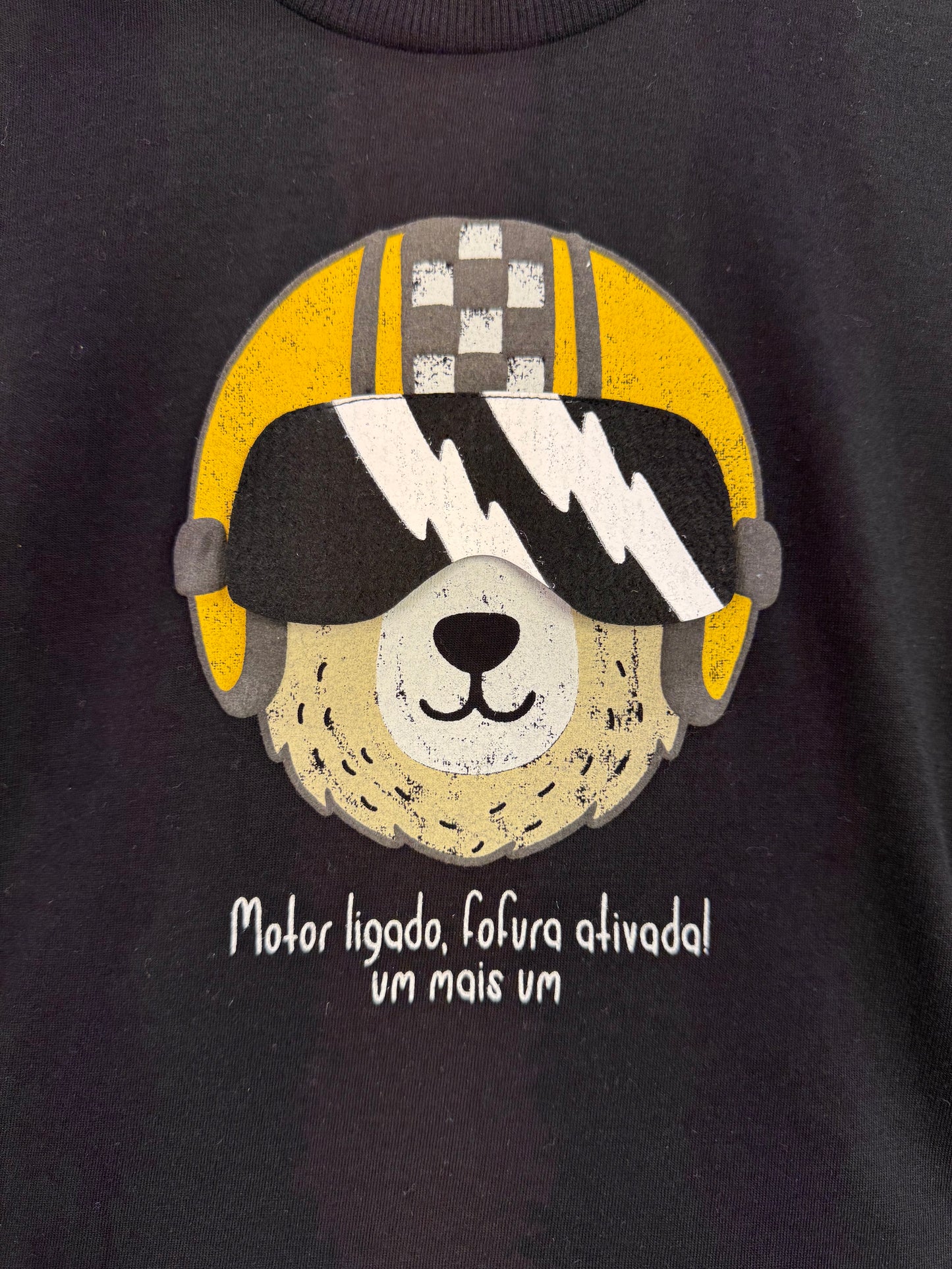 Conjunto Bebê Camiseta Algodão Ursinho Óculos Preta e Calça Moletom Bege - Um Mais Um