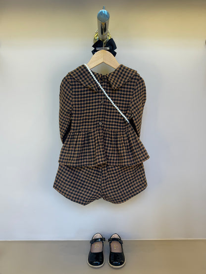Conjunto Infantil Alfaiataria Casaquinho e Shorts Xadrez com Bolsinha Ursinho - Luluzinha