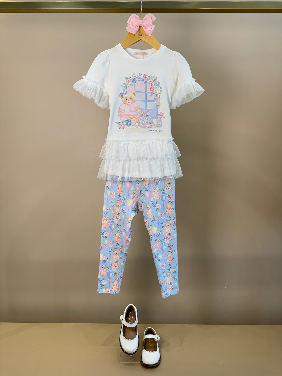Conjunto Infantil Blusa Mangas Babadinho Em Tule e Calça Legging Estampa Ursinhas - Petit Cherie