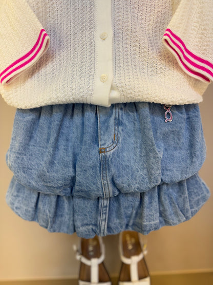 Conjunto Infantil Blusa Tricot Minnie Tennista e Saia Jeans Balonê - Animê