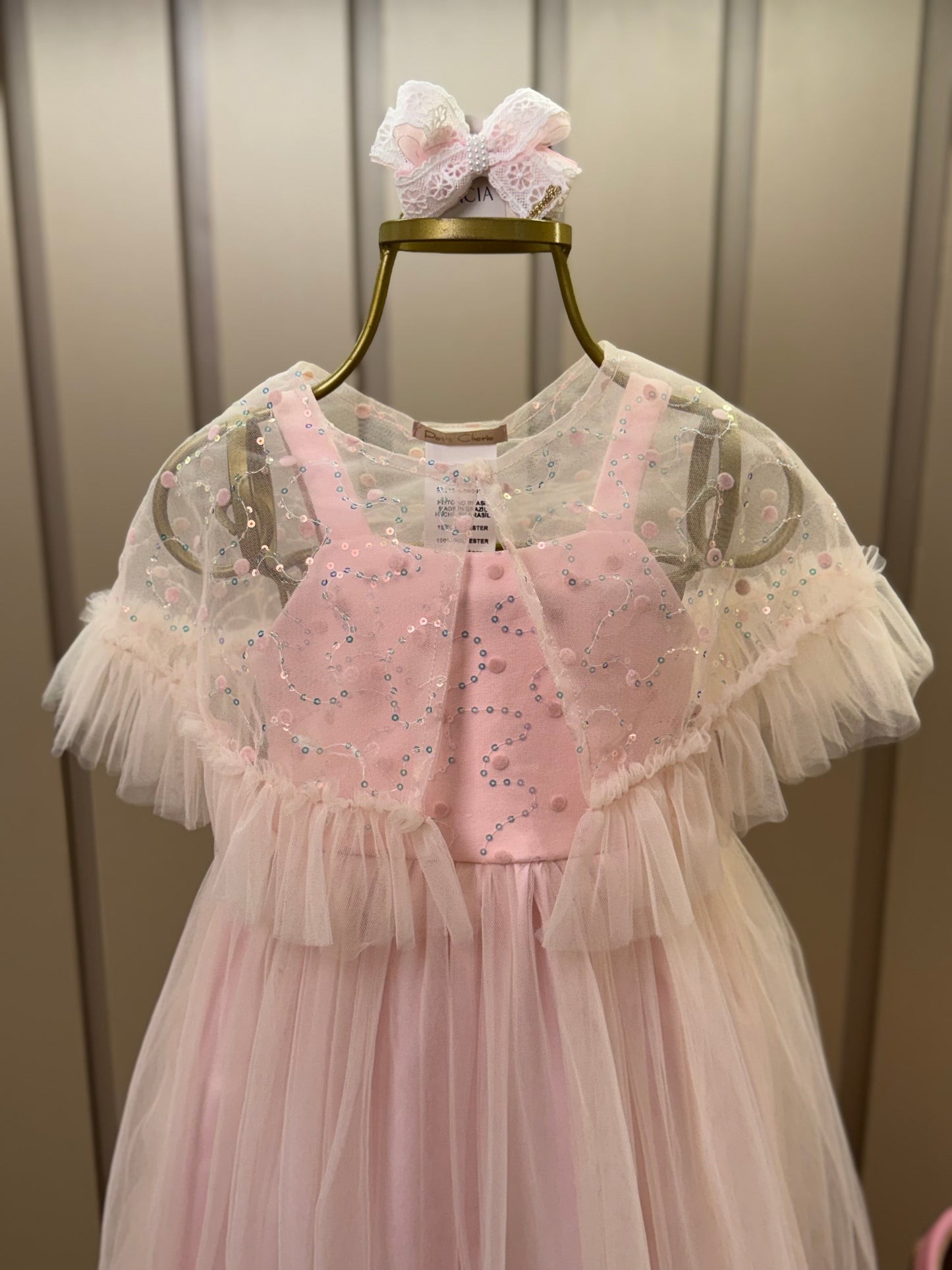 Vestido Infantil Festa com Capa Tule Bordado Rosa - Petit Cherie