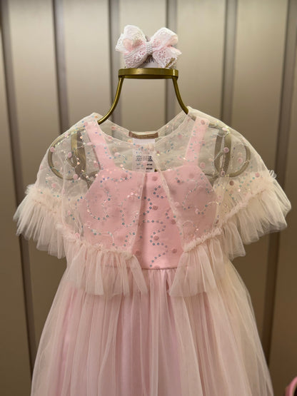 Vestido Infantil Festa com Capa Tule Bordado Rosa - Petit Cherie