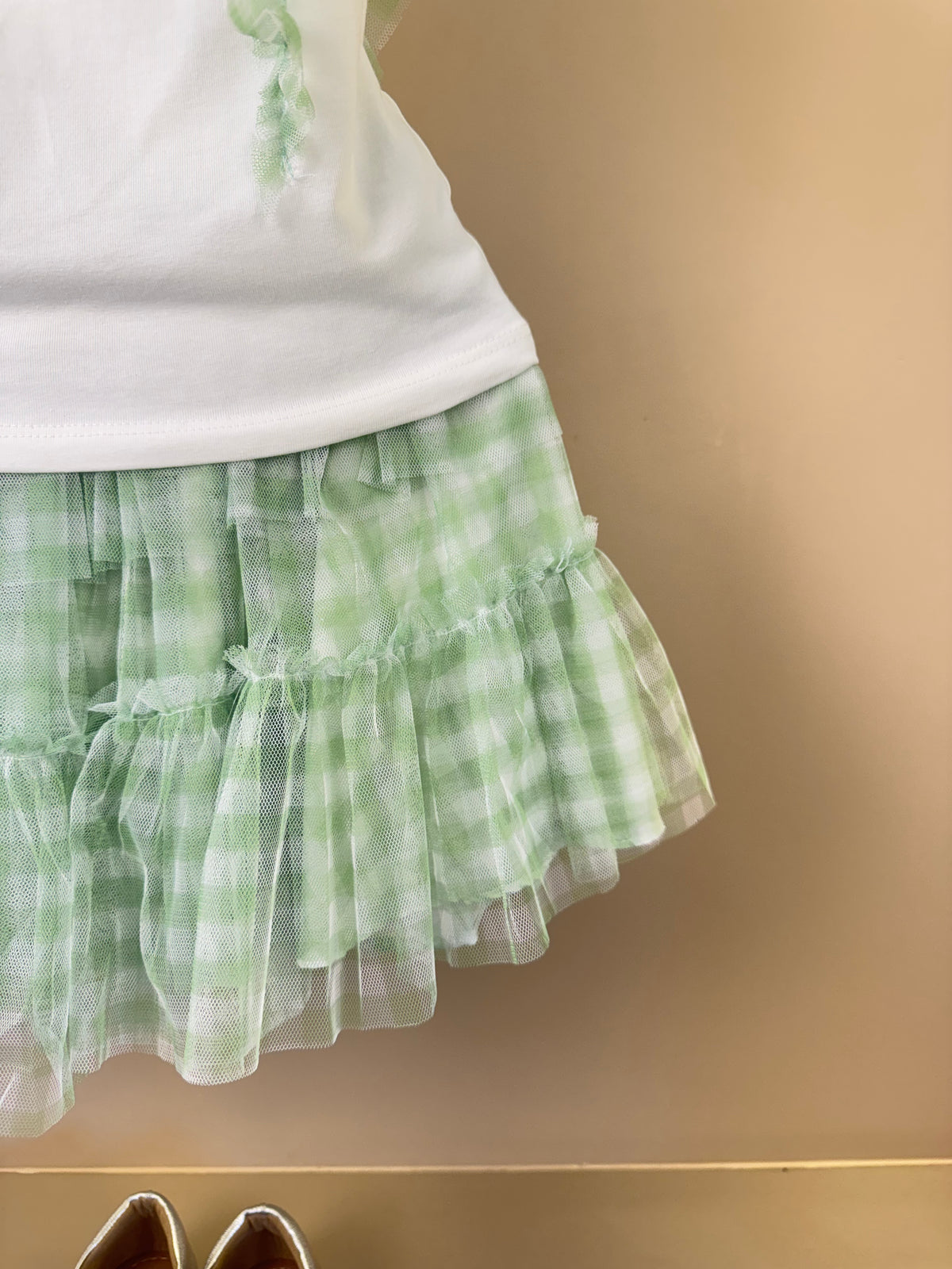 Conjunto Infantil Blusa Strass Flores e Saia Quadriculada Verde - Petit Cherie