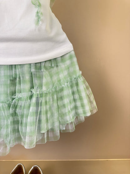 Conjunto Infantil Blusa Strass Flores e Saia Quadriculada Verde - Petit Cherie