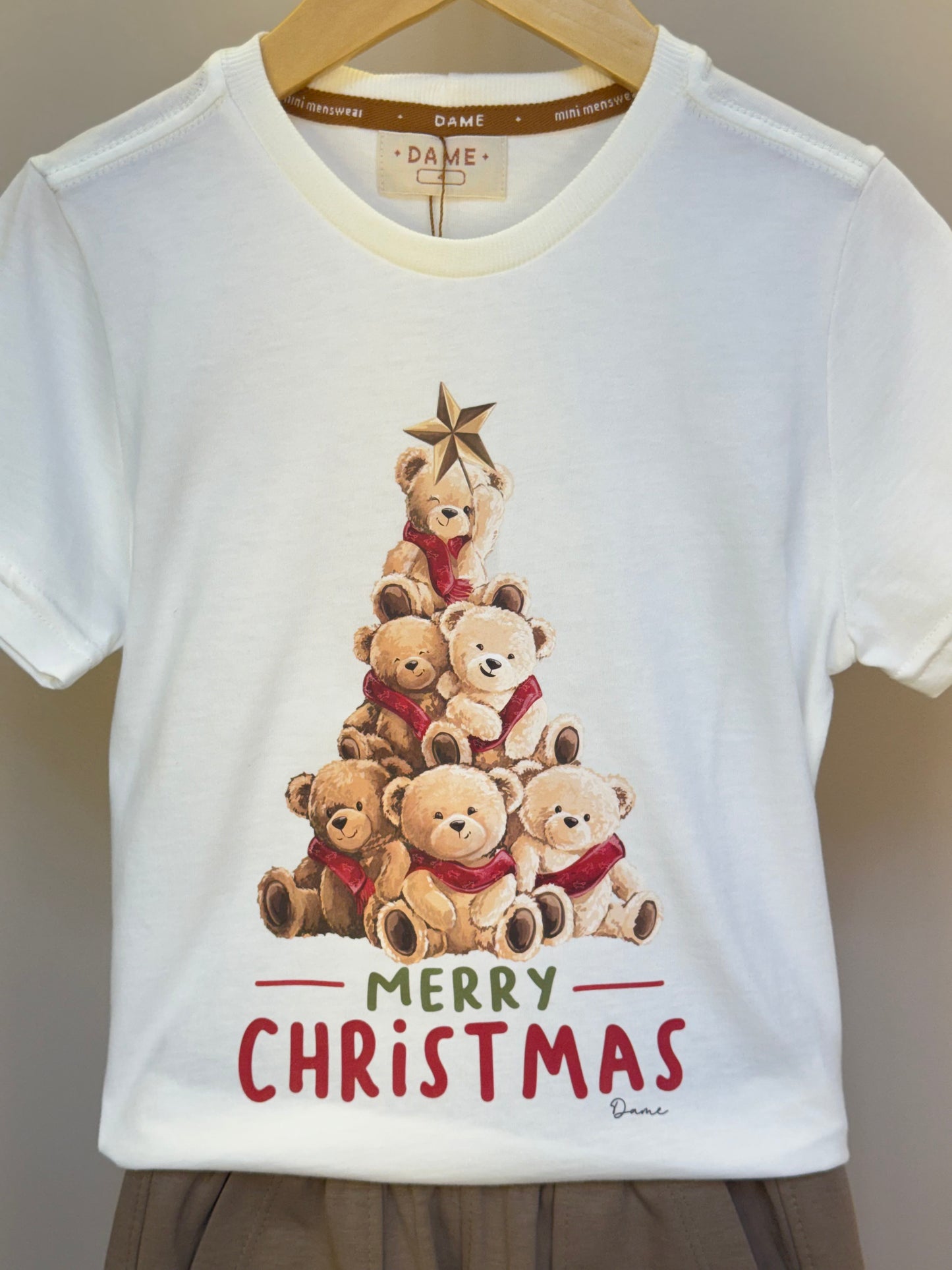 Conjunto Infantil Camiseta Algodão Teddy Natal MC e Bermuda Suedine Elastano Bolsos - Dame