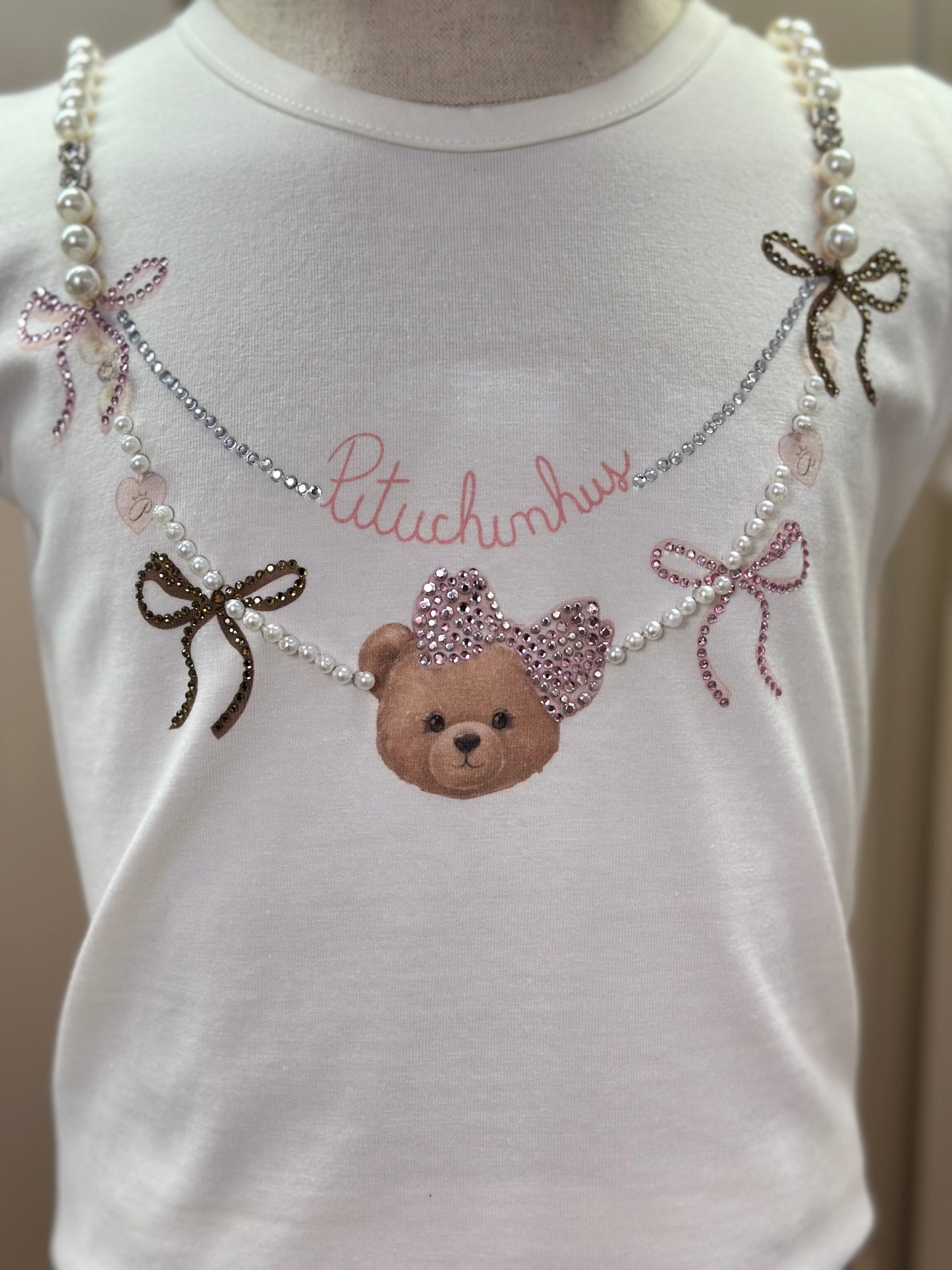 Conjunto Infantil Blusa Algodão Cotton Ursinha Colar Bordado e Calça Sarja Bolsos Laço Bege Escuro - Pituchinhus