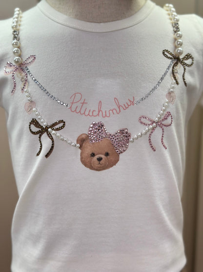 Conjunto Infantil Blusa Algodão Cotton Ursinha Colar Bordado e Calça Sarja Bolsos Laço Bege Escuro - Pituchinhus